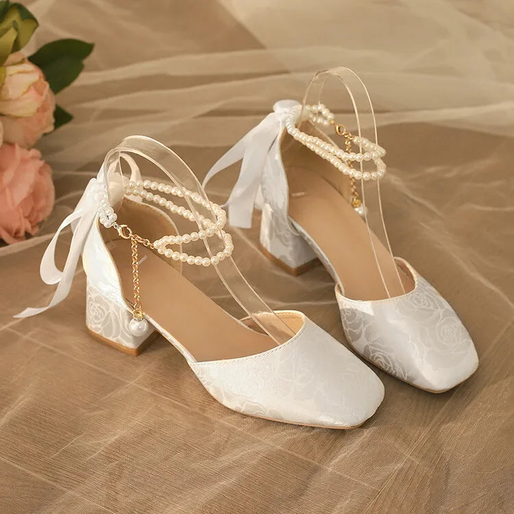 VougeVamp Satin Embroidered Pearl Chain Lolita Sandals - Retro 5cm Thick Heel Waterproof Platform Pumps