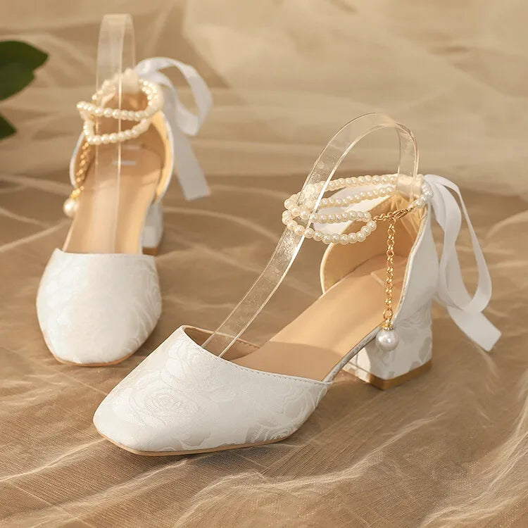 VougeVamp Satin Embroidered Pearl Chain Lolita Sandals - Retro 5cm Thick Heel Waterproof Platform Pumps