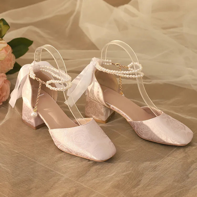 VougeVamp Satin Embroidered Pearl Chain Lolita Sandals - Retro 5cm Thick Heel Waterproof Platform Pumps