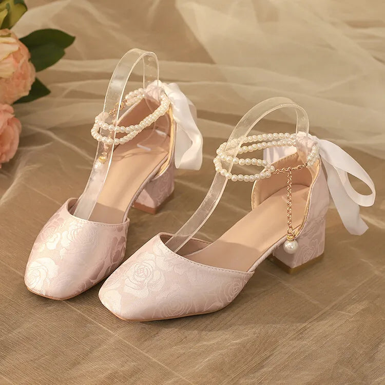 VougeVamp Satin Embroidered Pearl Chain Lolita Sandals - Retro 5cm Thick Heel Waterproof Platform Pumps