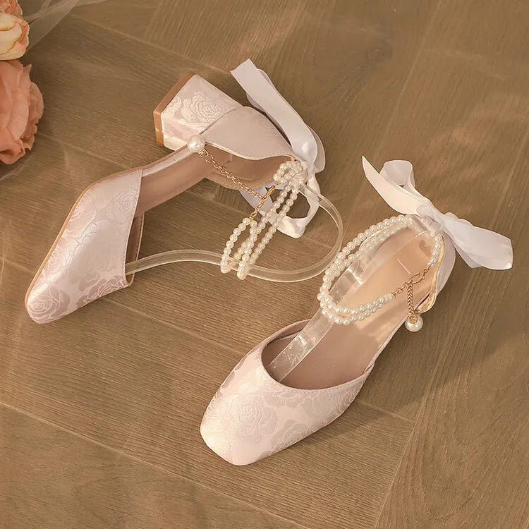 VougeVamp Satin Embroidered Pearl Chain Lolita Sandals - Retro 5cm Thick Heel Waterproof Platform Pumps