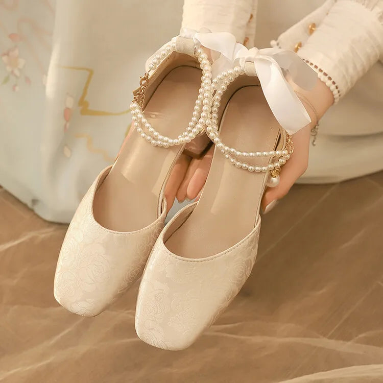 VougeVamp Satin Embroidered Pearl Chain Lolita Sandals - Retro 5cm Thick Heel Waterproof Platform Pumps