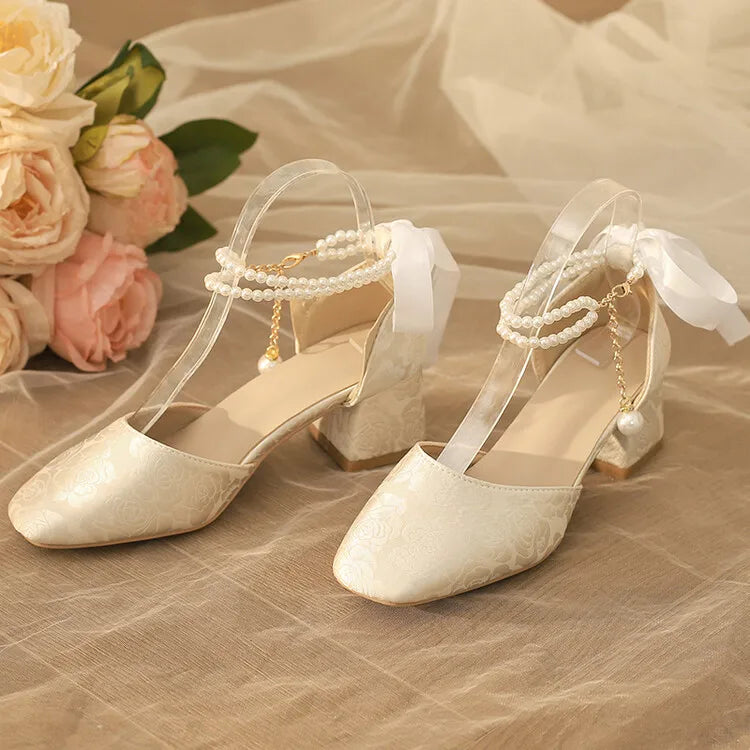 VougeVamp Satin Embroidered Pearl Chain Lolita Sandals - Retro 5cm Thick Heel Waterproof Platform Pumps