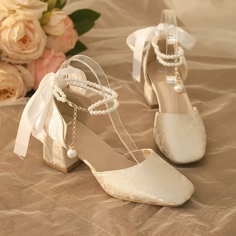 VougeVamp Satin Embroidered Pearl Chain Lolita Sandals - Retro 5cm Thick Heel Waterproof Platform Pumps