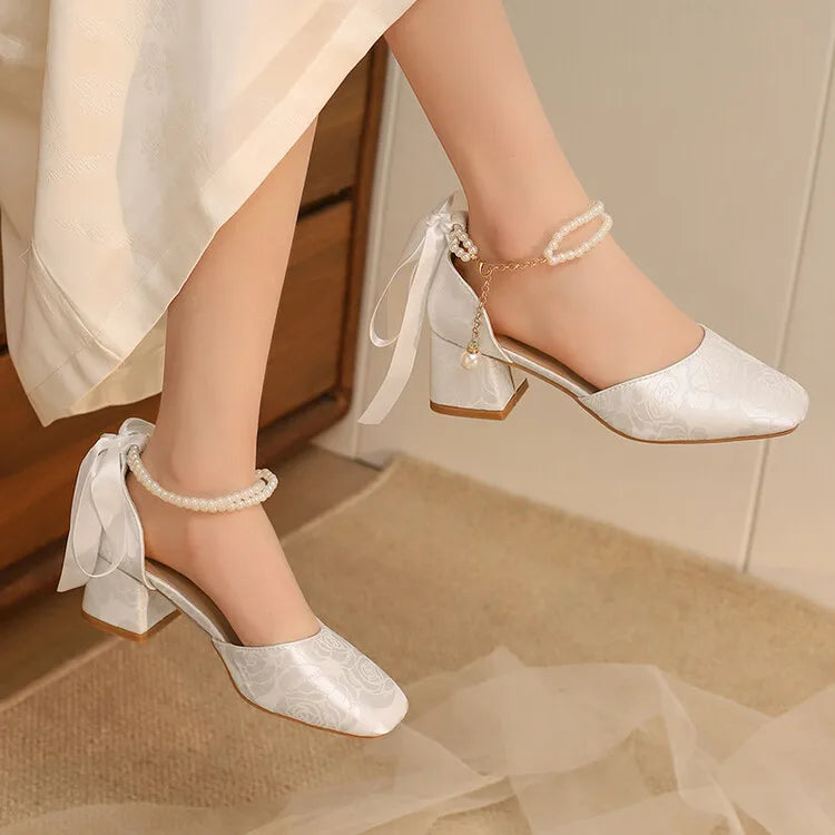 VougeVamp Satin Embroidered Pearl Chain Lolita Sandals - Retro 5cm Thick Heel Waterproof Platform Pumps