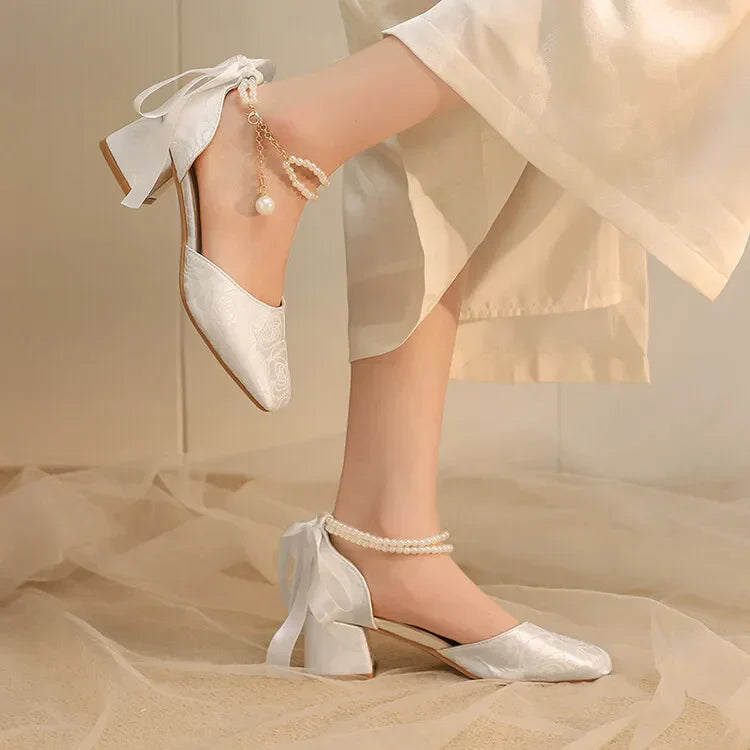 VougeVamp Satin Embroidered Pearl Chain Lolita Sandals - Retro 5cm Thick Heel Waterproof Platform Pumps