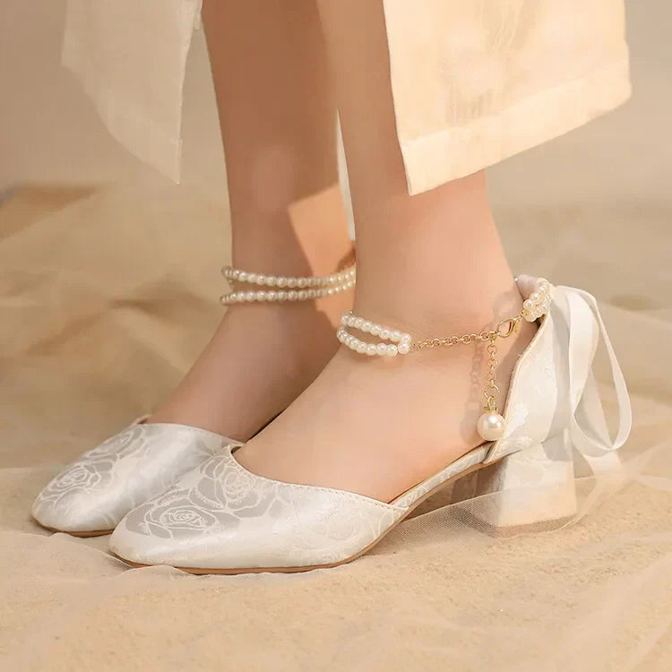 VougeVamp Satin Embroidered Pearl Chain Lolita Sandals - Retro 5cm Thick Heel Waterproof Platform Pumps