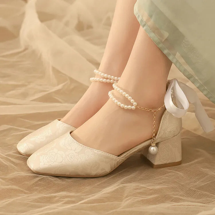 VougeVamp Satin Embroidered Pearl Chain Lolita Sandals - Retro 5cm Thick Heel Waterproof Platform Pumps