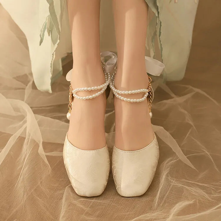 VougeVamp Satin Embroidered Pearl Chain Lolita Sandals - Retro 5cm Thick Heel Waterproof Platform Pumps