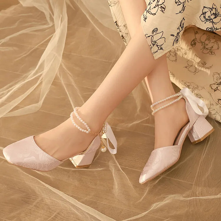 VougeVamp Satin Embroidered Pearl Chain Lolita Sandals - Retro 5cm Thick Heel Waterproof Platform Pumps