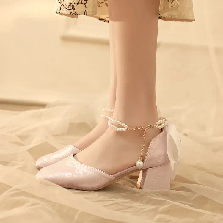 VougeVamp Satin Embroidered Pearl Chain Lolita Sandals - Retro 5cm Thick Heel Waterproof Platform Pumps