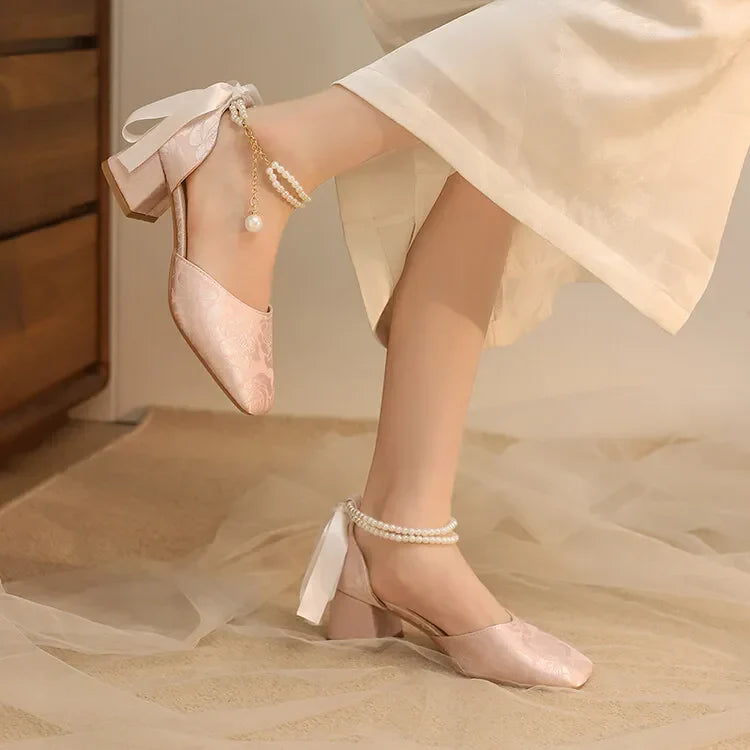 VougeVamp Satin Embroidered Pearl Chain Lolita Sandals - Retro 5cm Thick Heel Waterproof Platform Pumps