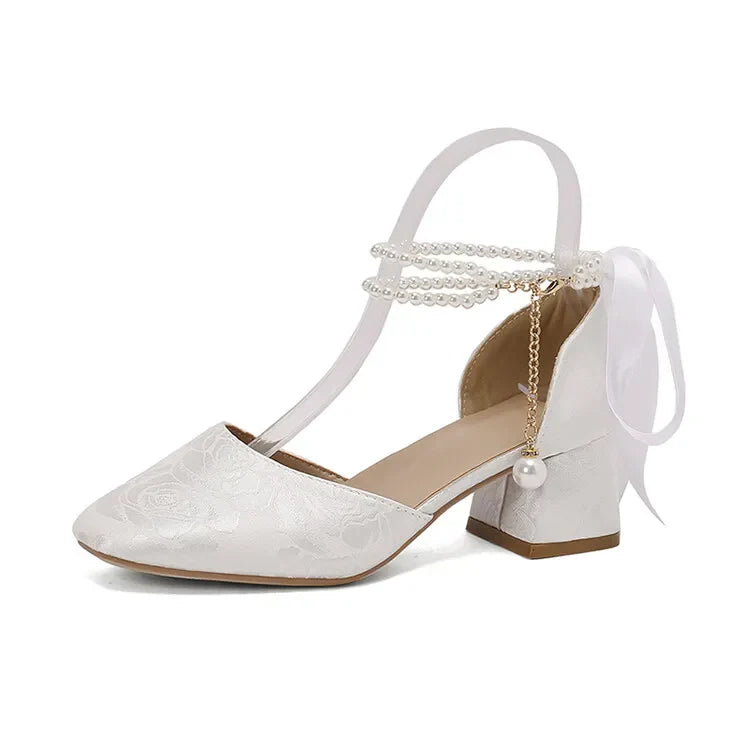 VougeVamp Satin Embroidered Pearl Chain Lolita Sandals - Retro 5cm Thick Heel Waterproof Platform Pumps