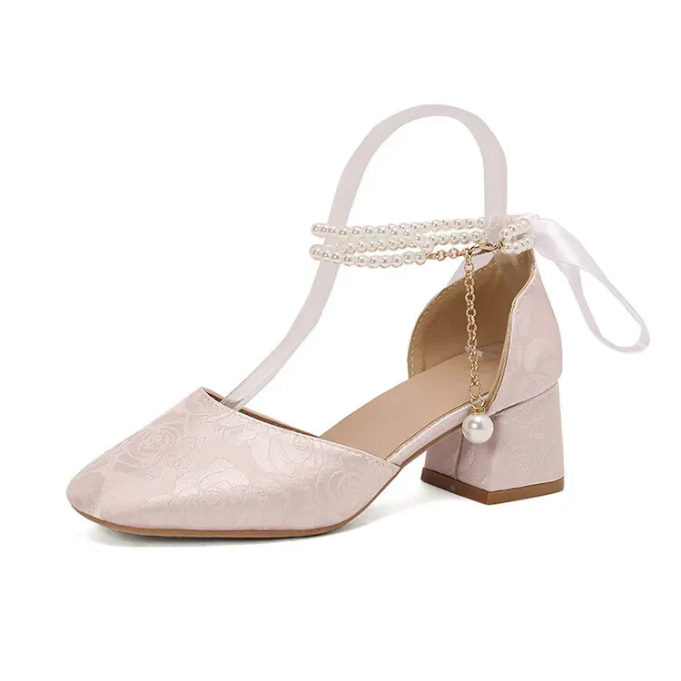 VougeVamp Satin Embroidered Pearl Chain Lolita Sandals - Retro 5cm Thick Heel Waterproof Platform Pumps