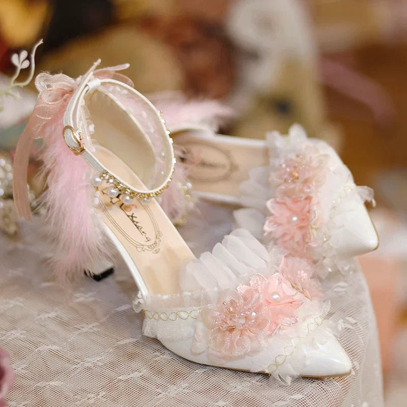 VougeVamp Pink Flower Wedding Lolita Shoes for Women - Versatile Pointed Toe Mid Slim Heel Anime-Inspired High Heel Pumps