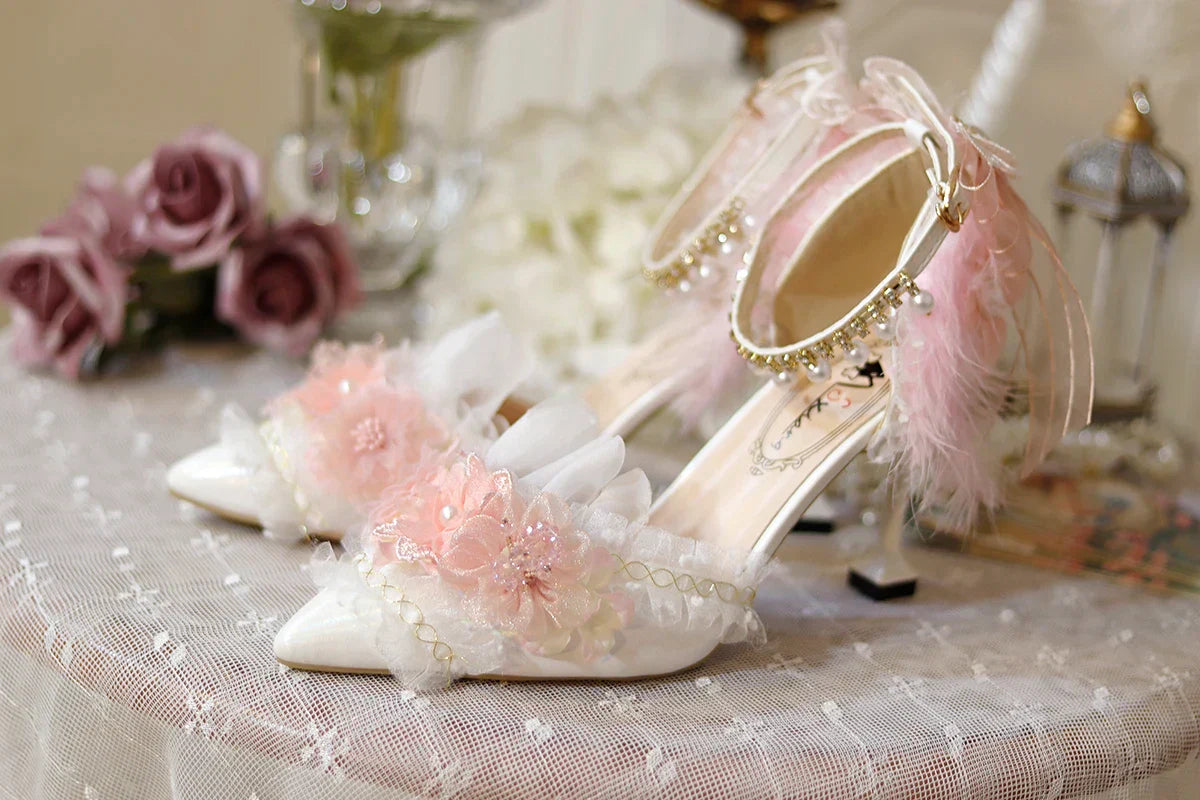 VougeVamp Pink Flower Wedding Lolita Shoes for Women - Versatile Pointed Toe Mid Slim Heel Anime-Inspired High Heel Pumps