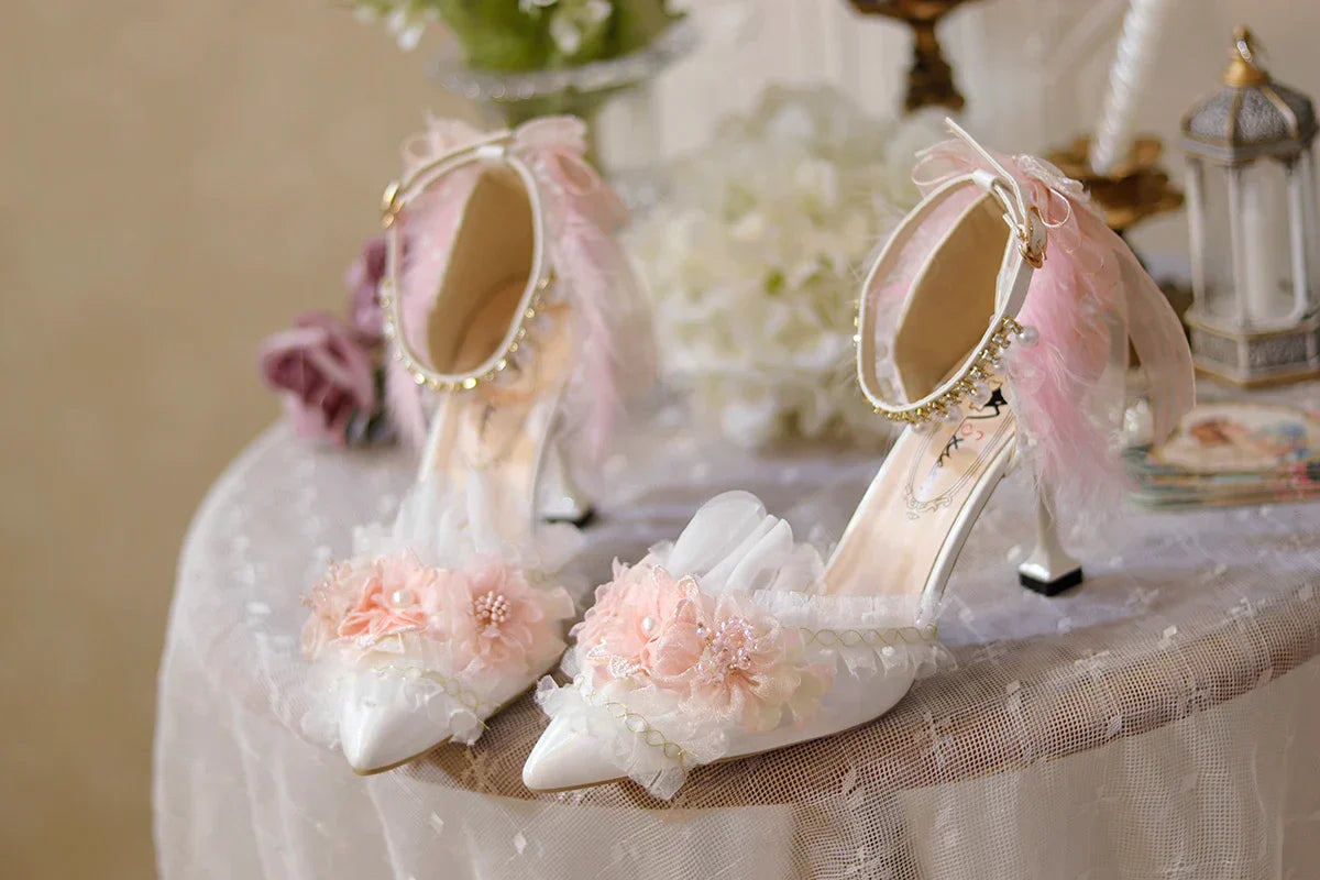 VougeVamp Pink Flower Wedding Lolita Shoes for Women - Versatile Pointed Toe Mid Slim Heel Anime-Inspired High Heel Pumps