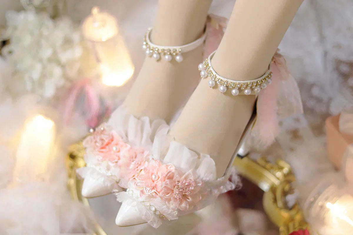 VougeVamp Pink Flower Wedding Lolita Shoes for Women - Versatile Pointed Toe Mid Slim Heel Anime-Inspired High Heel Pumps