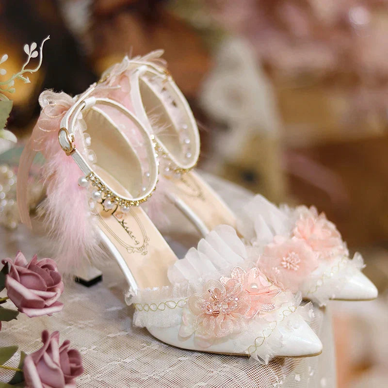 VougeVamp Pink Flower Wedding Lolita Shoes for Women - Versatile Pointed Toe Mid Slim Heel Anime-Inspired High Heel Pumps
