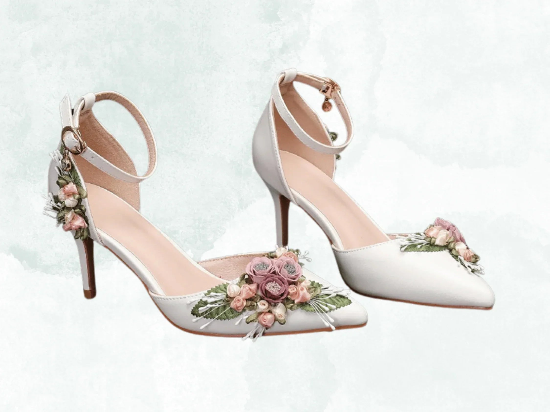 VougeVamp Elegant Floral Leaf Satin Mary Jane Pumps – Pointed Toe Thin High Heels for Weddings & Bridal Wear