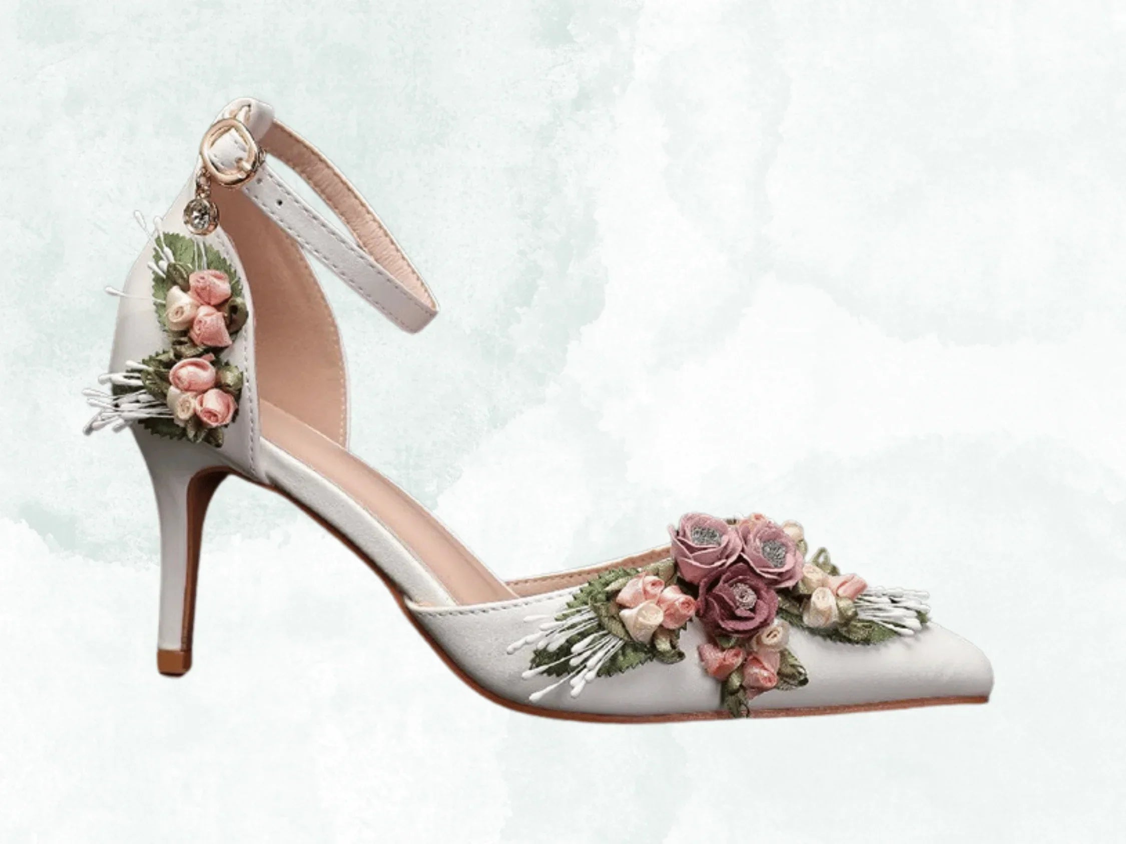 VougeVamp Elegant Floral Leaf Satin Mary Jane Pumps – Pointed Toe Thin High Heels for Weddings & Bridal Wear