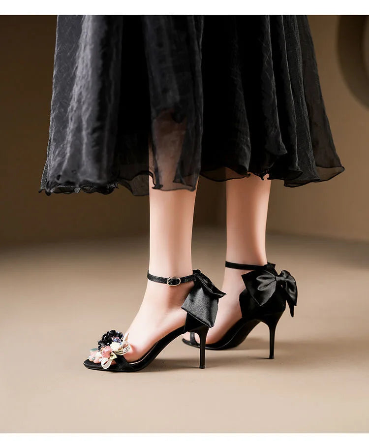 VougeVamp Luxury Satin Bow High Heel Sandals for Women - Elegant Thin Heel Designer Wedding and Party Shoes