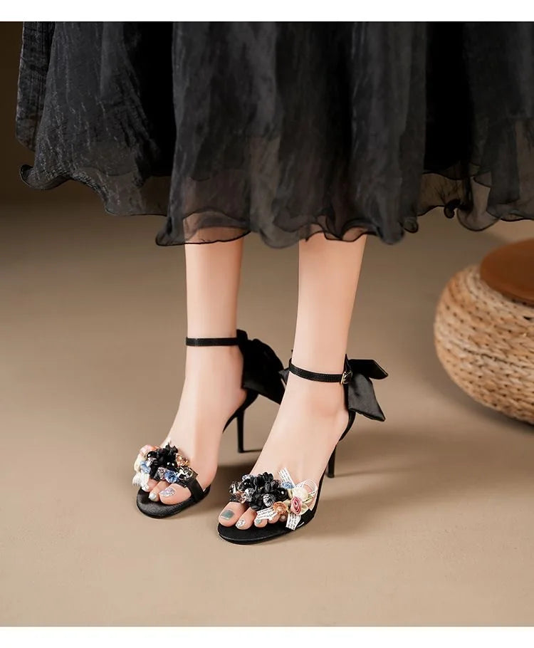 VougeVamp Luxury Satin Bow High Heel Sandals for Women - Elegant Thin Heel Designer Wedding and Party Shoes