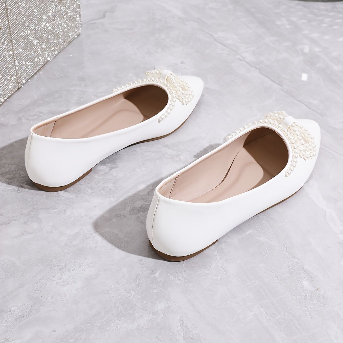 VougeVamp Elegant Pearl Bow Pointed-Toe Flats – White Bridal & Bridesmaid Wedding Shoes
