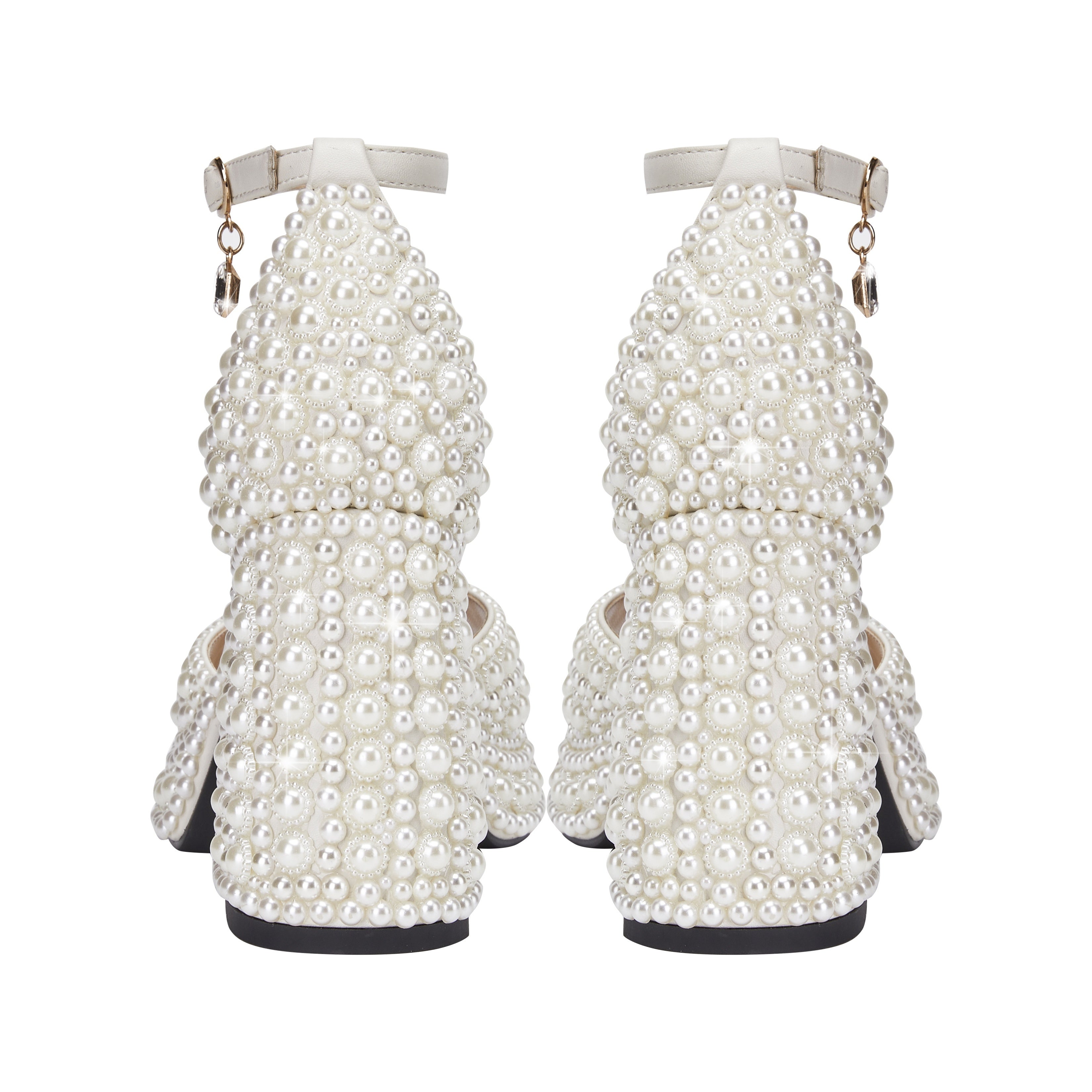VougeVamp Elegant White Pearl Bridal Sandals – Chunky Heel, Open Toe & Ankle Strap