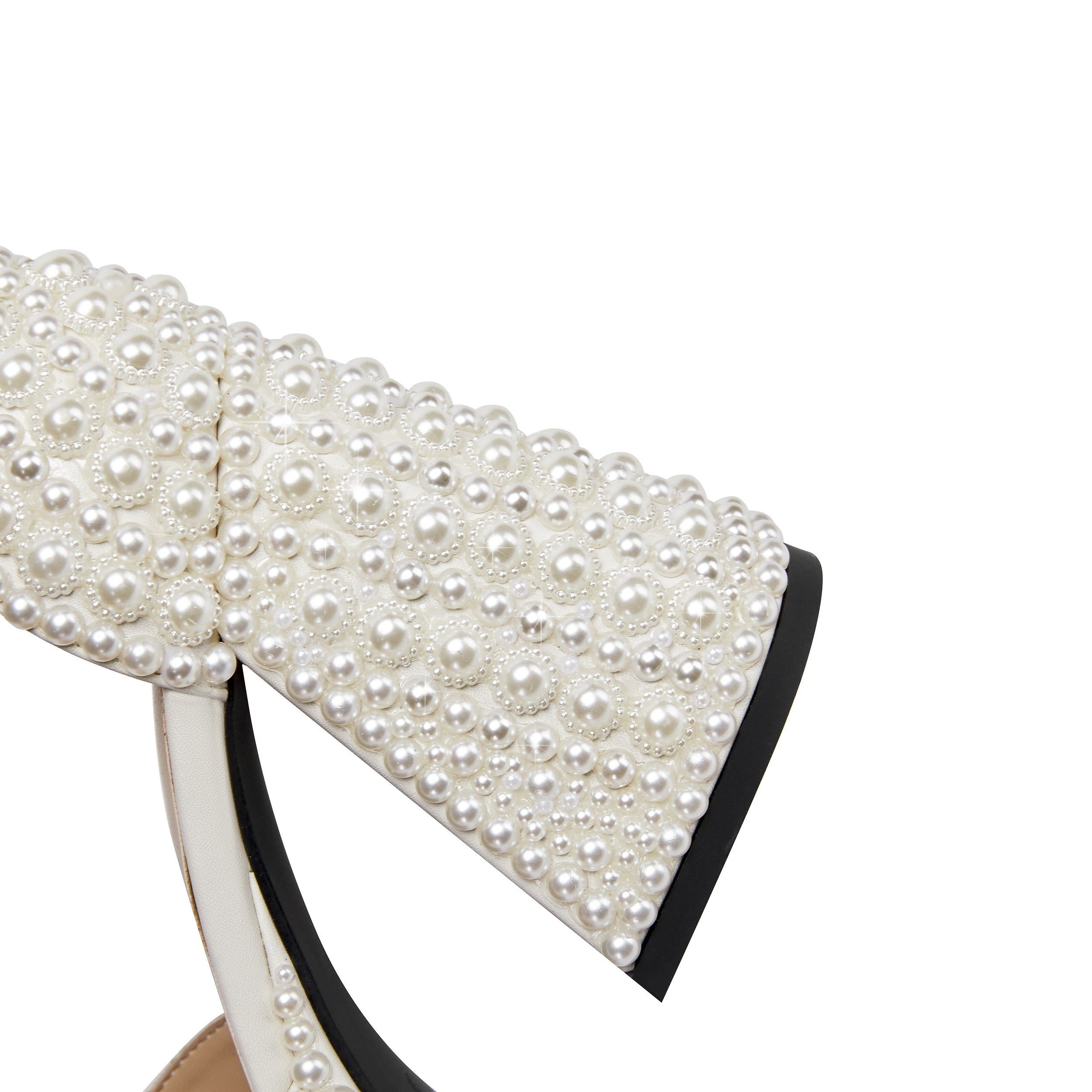 VougeVamp Elegant White Pearl Bridal Sandals – Chunky Heel, Open Toe & Ankle Strap
