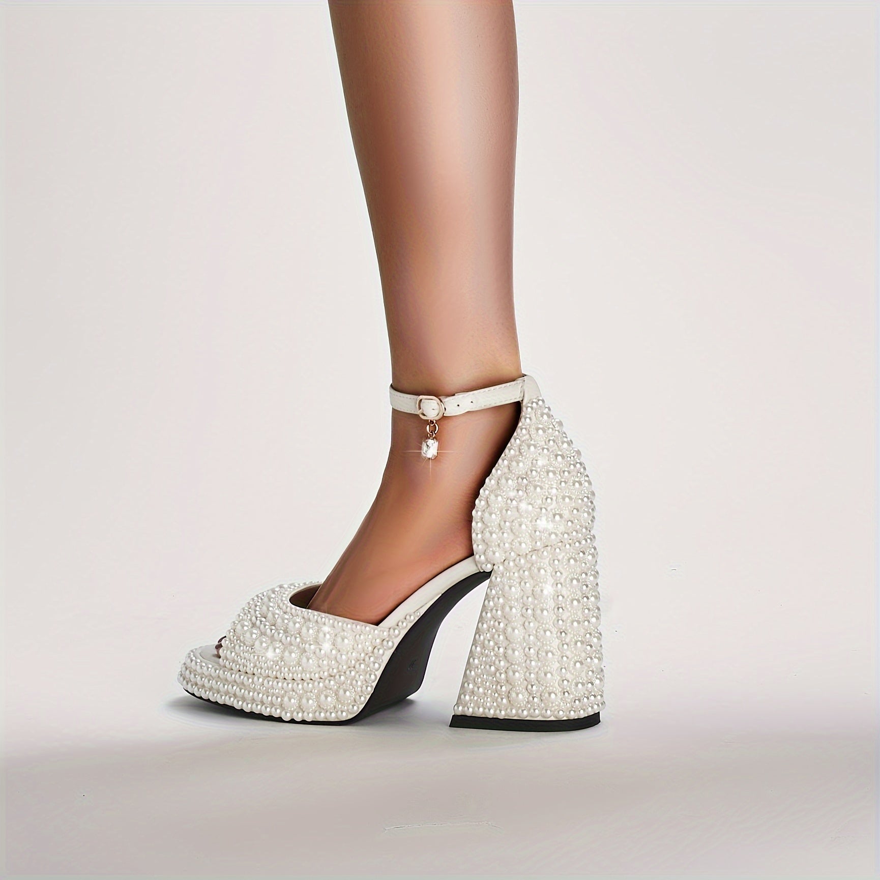 VougeVamp Elegant White Pearl Bridal Sandals – Chunky Heel, Open Toe & Ankle Strap