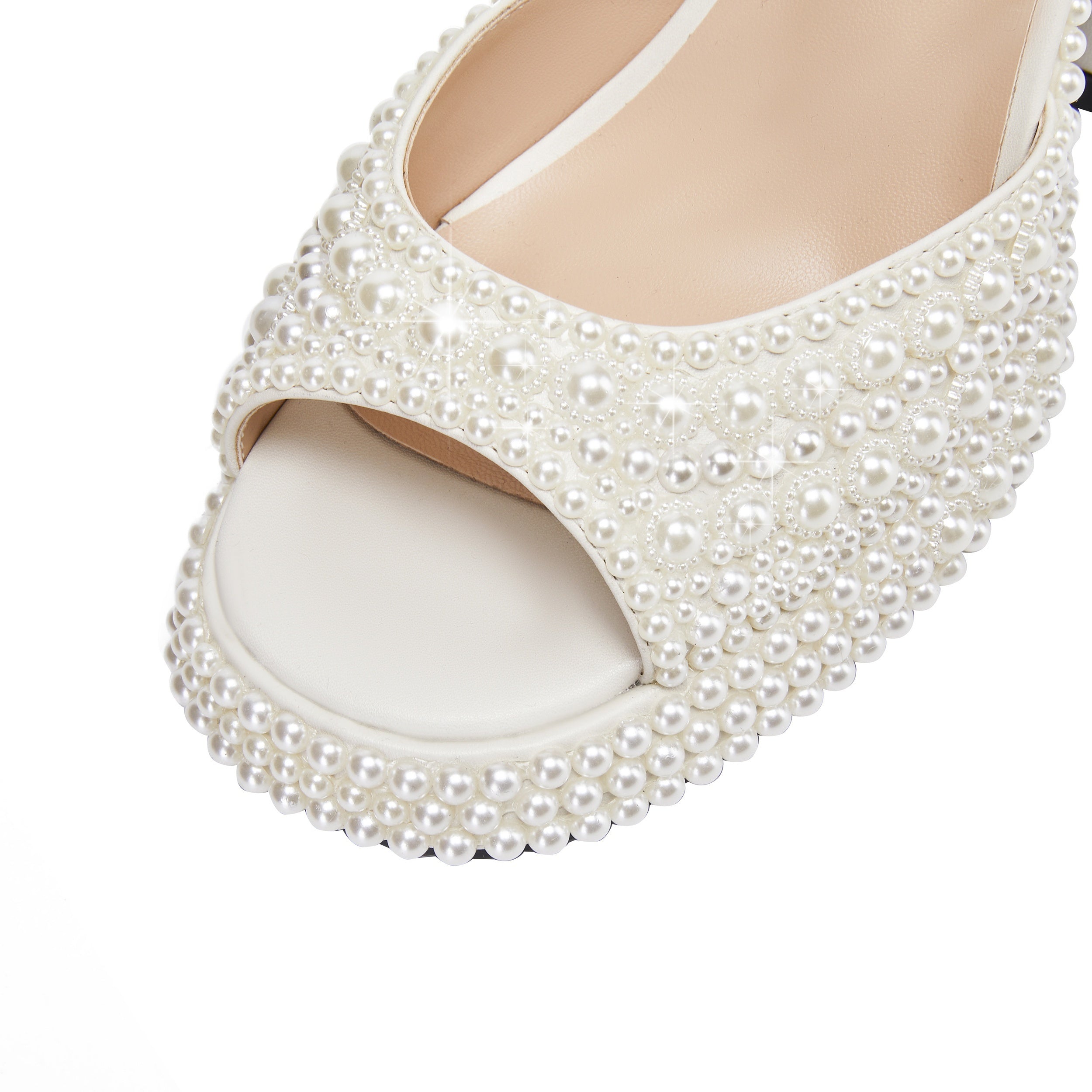 VougeVamp Elegant White Pearl Bridal Sandals – Chunky Heel, Open Toe & Ankle Strap