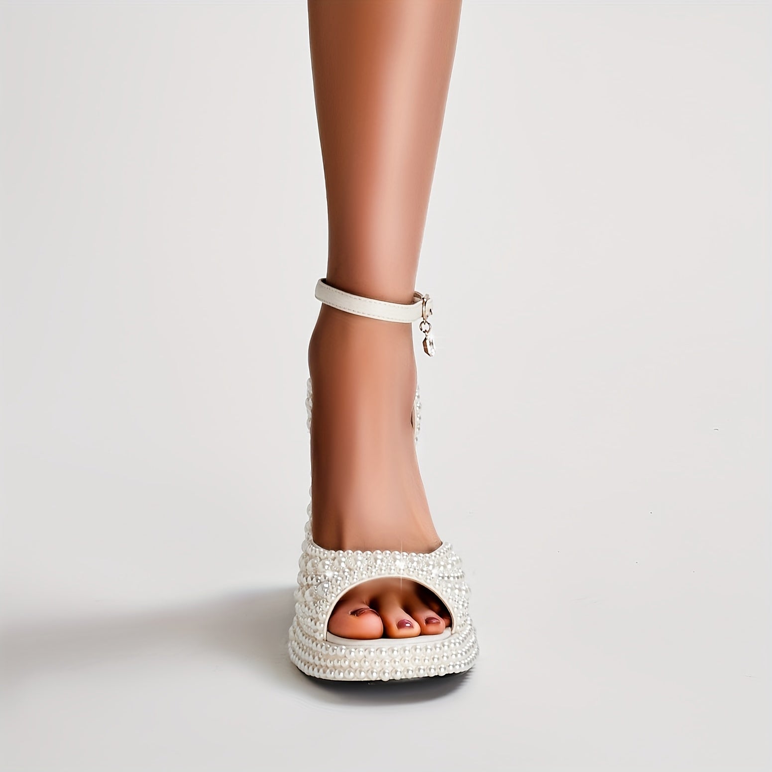 VougeVamp Elegant White Pearl Bridal Sandals – Chunky Heel, Open Toe & Ankle Strap
