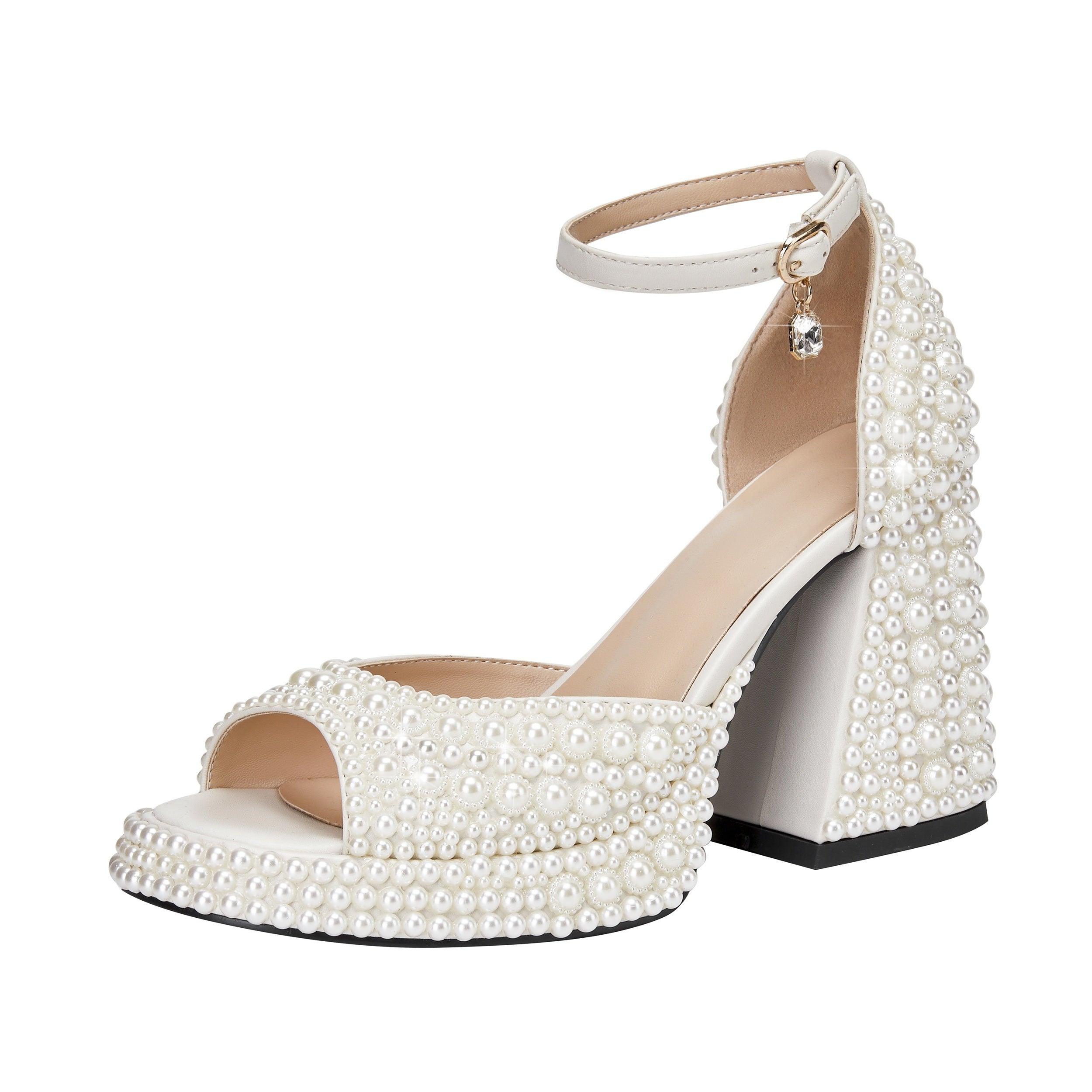 VougeVamp Elegant White Pearl Bridal Sandals – Chunky Heel, Open Toe & Ankle Strap