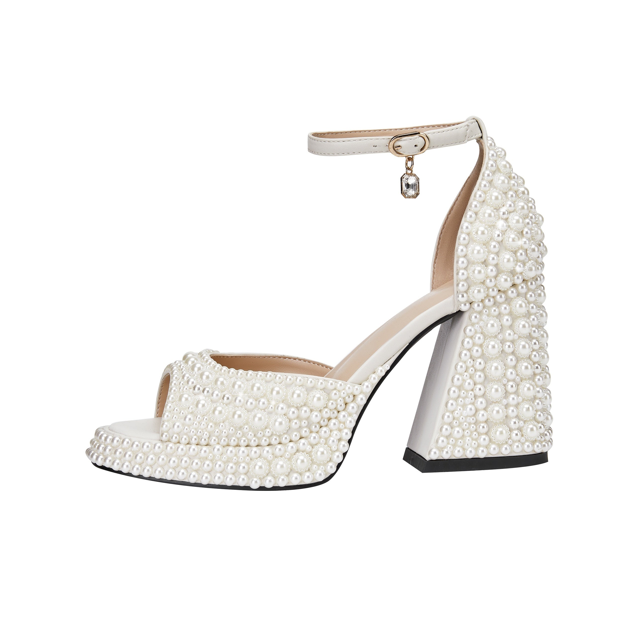 VougeVamp Elegant White Pearl Bridal Sandals – Chunky Heel, Open Toe & Ankle Strap