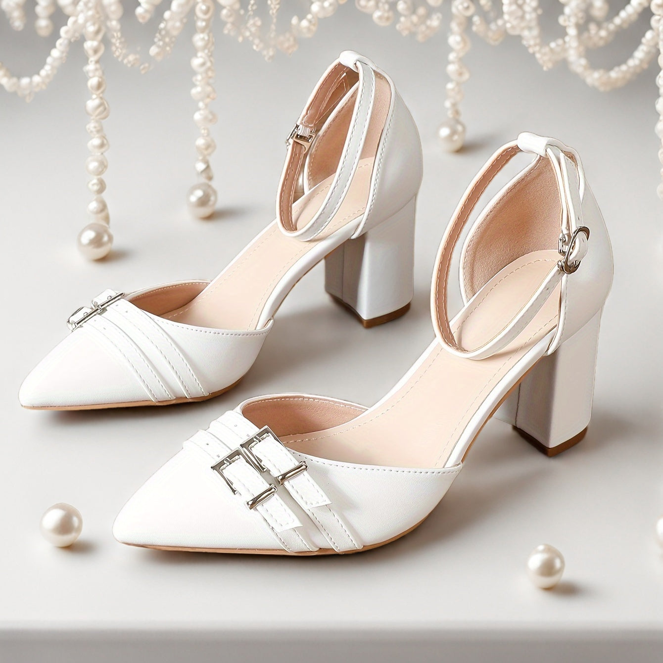 VougeVamp Elegant White Bowknot & Pearl Rhinestone High Heels – Fashionable Chunky Heel Pumps for Weddings & Special Occasions