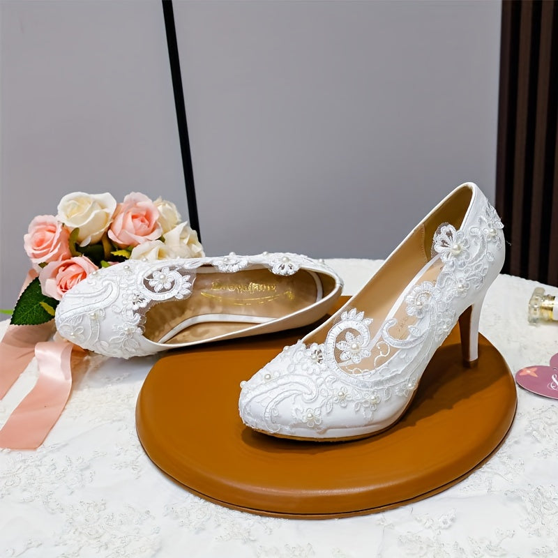 VougeVamp Elegant White Lace & Pearl High Heels – Slip-On Pumps for Timeless Sophistication