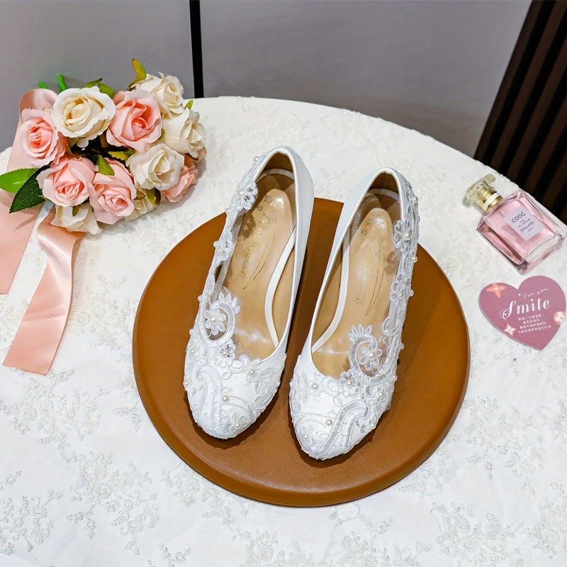 VougeVamp Elegant White Lace & Pearl High Heels – Slip-On Pumps for Timeless Sophistication