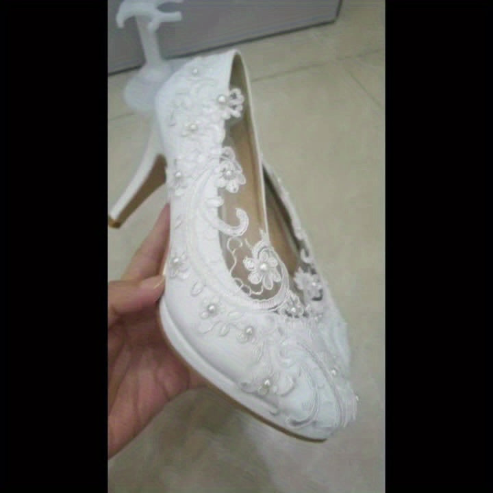 VougeVamp Elegant White Lace & Pearl High Heels – Slip-On Pumps for Timeless Sophistication