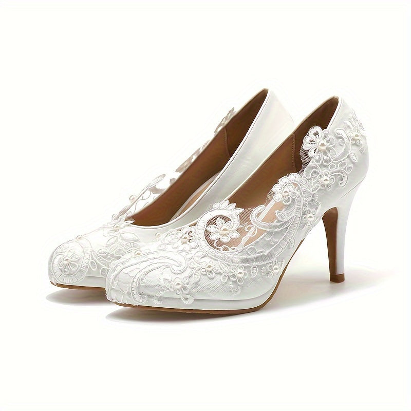 VougeVamp Elegant White Lace & Pearl High Heels – Slip-On Pumps for Timeless Sophistication
