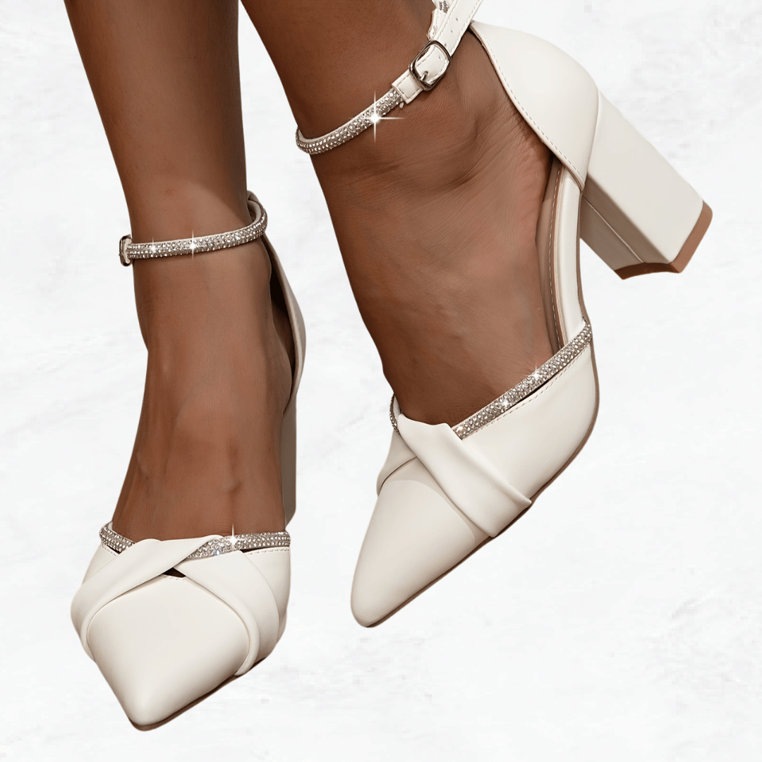 White Pointed Toe Heels - Rhinestone Bow, Wedding Shoes, High Heels, Women's Sandals, All Seasons