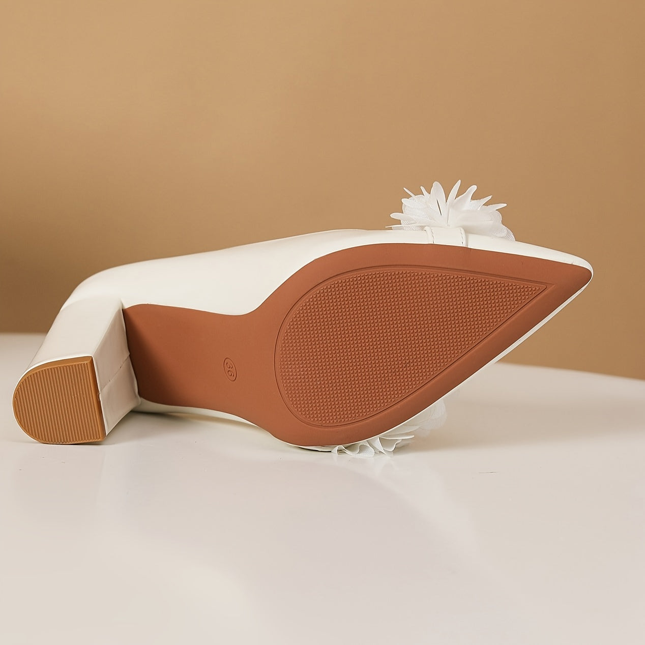 VougeVamp Elegant White Floral Block Heel Pumps – Pointed Toe & Comfortable Design for Weddings, Parties & Office Wear