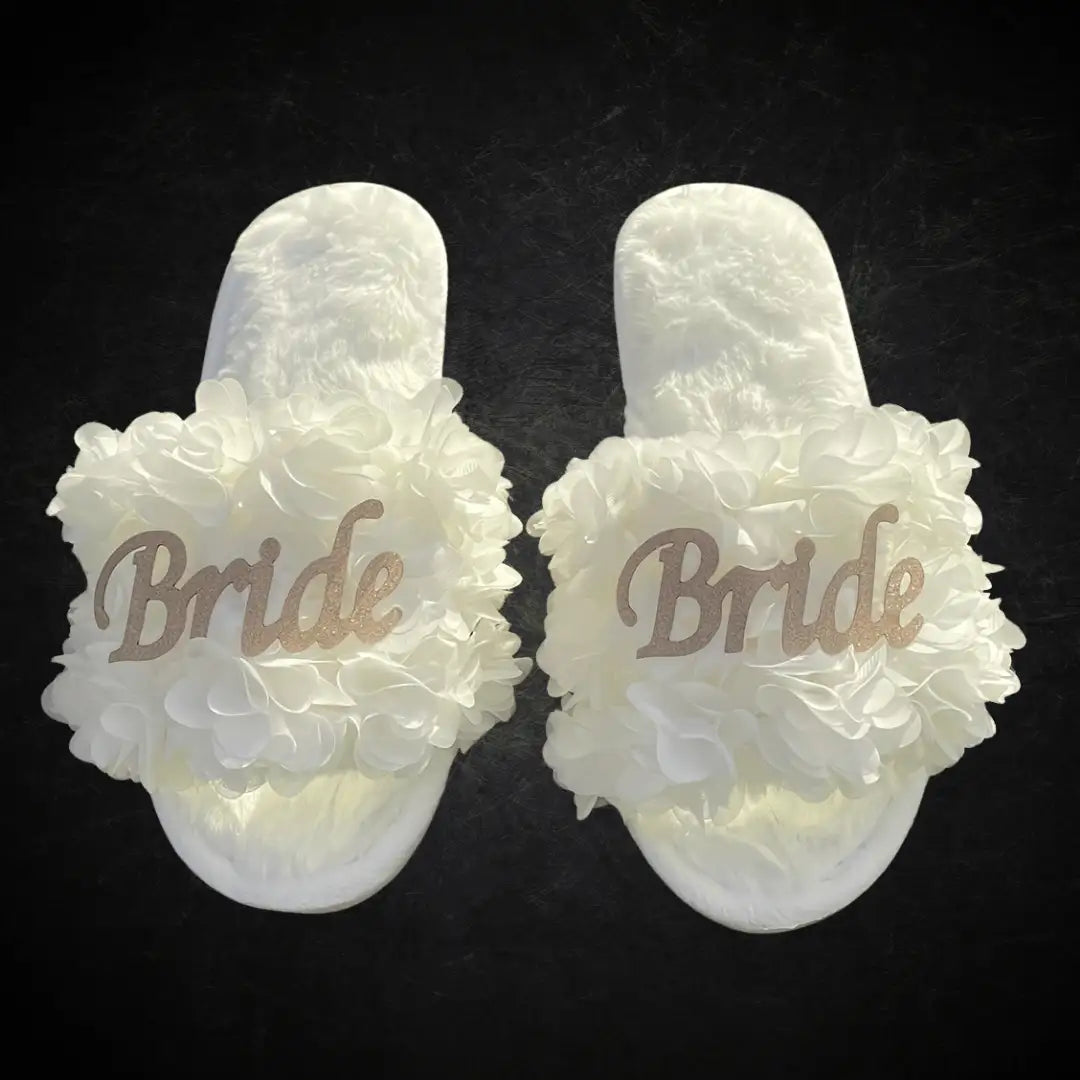 Bride Wedding Open Toe Fuzzy Slippers – Elegant White Bridal Party Footwear for Brides and Bridal Events